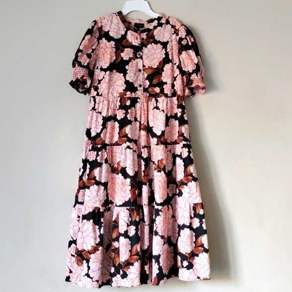 WHO WHAT WHERE Floral Tiered Midi Shirt Dress Short Sleeves Peony - Picture 1 of 9